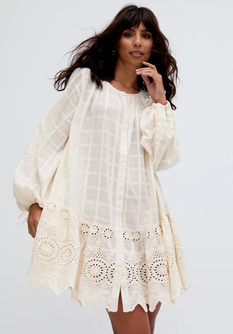 Cream Button Embroidered Mini Dress