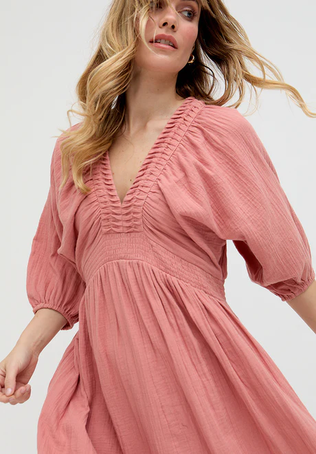 Pink Ruffled V-Neck Midi Dress