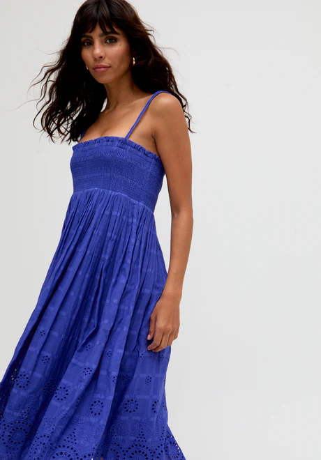 Blue Embroidered Midi Dress with Detachable Straps