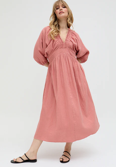 Pink Ruffled V-Neck Midi Dress