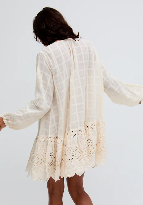 Cream Button Embroidered Mini Dress