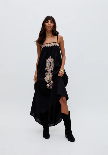 Black maxi dress with sapphire spaghetti straps and embroidery
