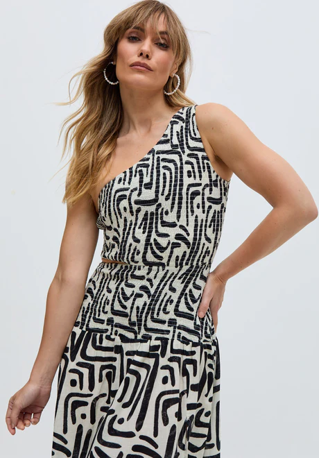 one-shoulder printed midi dress