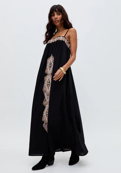 Black maxi dress with sapphire spaghetti straps and embroidery