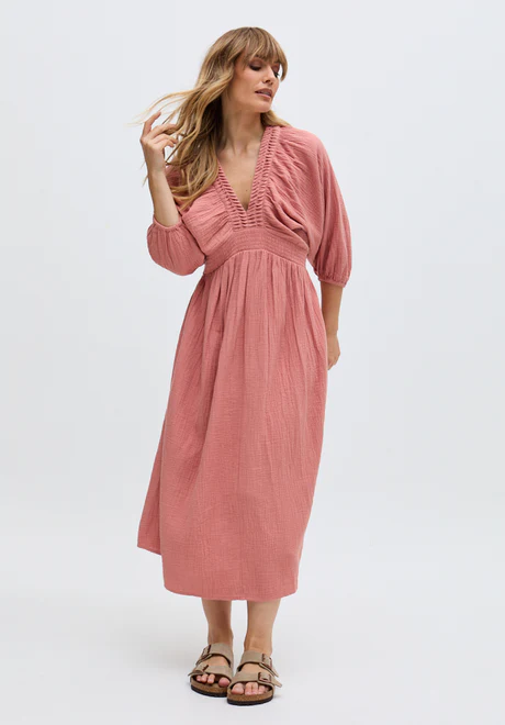 Pink Ruffled V-Neck Midi Dress