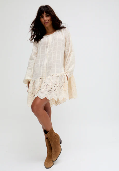 Cream Button Embroidered Mini Dress