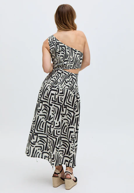 one-shoulder printed midi dress