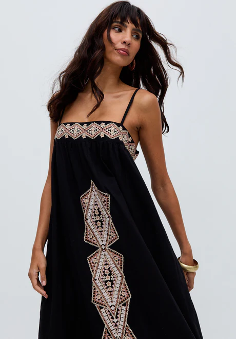 Black maxi dress with sapphire spaghetti straps and embroidery