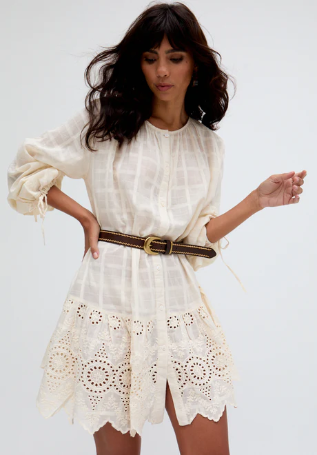 Cream Button Embroidered Mini Dress