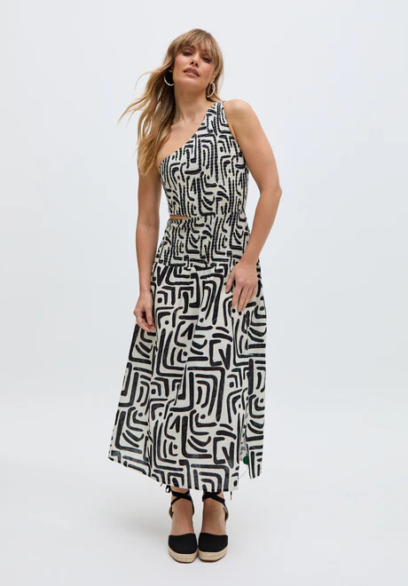 one-shoulder printed midi dress